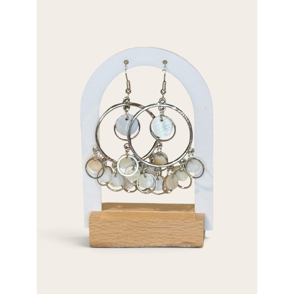 Silver Tone Mother of Pearl Shell Hoop Chandelier Drop Earrings Boho Coastal